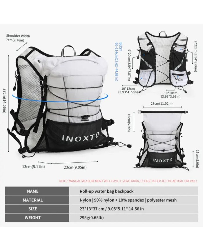 CHALECO DE HIDRATACION TRAIL RUNNING VEST 5L C/BOLSA DE AGUA 1.6L + 2 BOTELLAS FLEXIBLES DE 250ML INOXTO