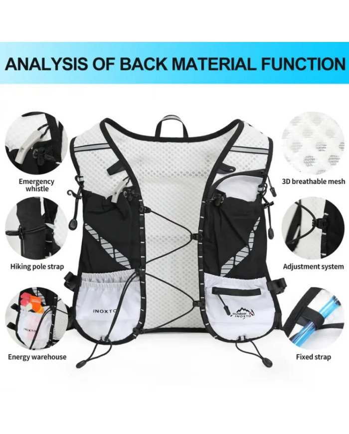 CHALECO DE HIDRATACION TRAIL RUNNING VEST 5L C/BOLSA DE AGUA 1.6L + 2 BOTELLAS FLEXIBLES DE 250ML INOXTO