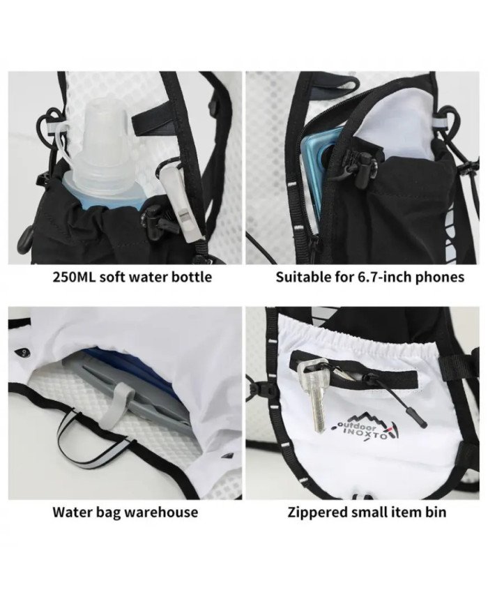 CHALECO DE HIDRATACION TRAIL RUNNING VEST 5L C/BOLSA DE AGUA 1.6L + 2 BOTELLAS FLEXIBLES DE 250ML INOXTO