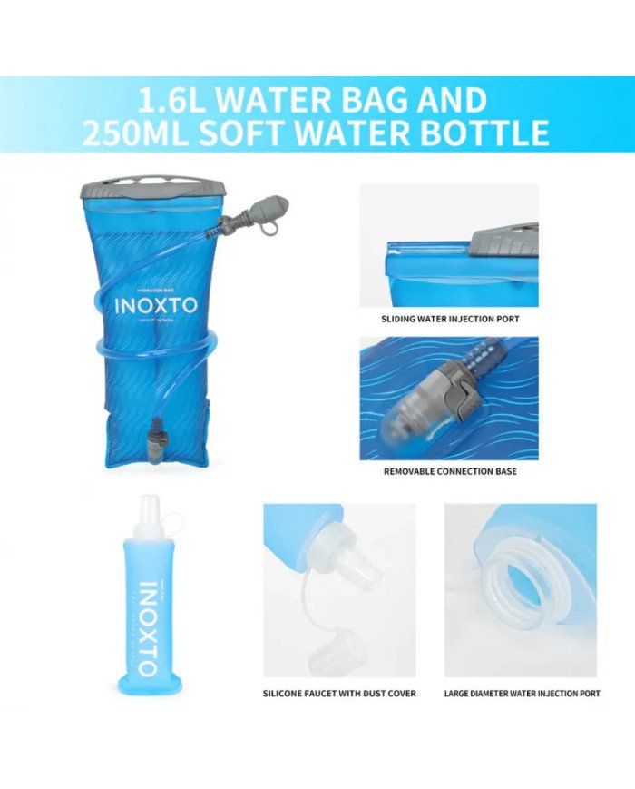 CHALECO DE HIDRATACION TRAIL RUNNING VEST 5L C/BOLSA DE AGUA 1.6L + 2 BOTELLAS FLEXIBLES DE 250ML INOXTO