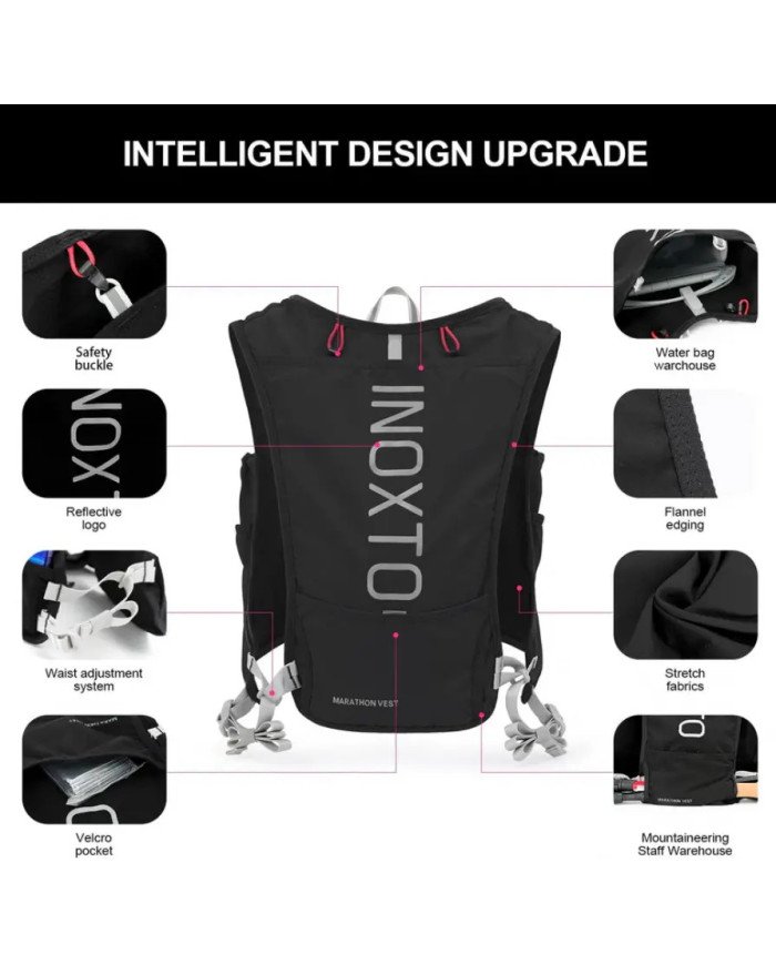 CHALECO DE HIRATACION MARATHON VEST 5L C/BOLSA DE AGUA DE 1.5L + 2 BOTELLAS FLEXIBLES DE 250ML INOXTO