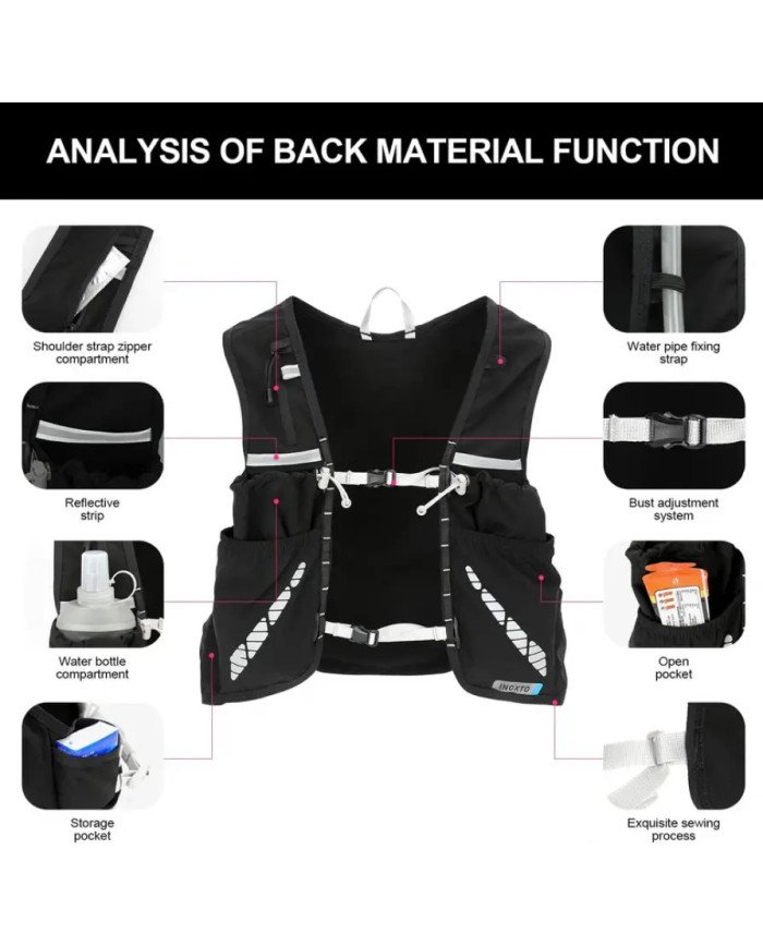 CHALECO DE HIRATACION MARATHON VEST 5L C/BOLSA DE AGUA DE 1.5L + 2 BOTELLAS FLEXIBLES DE 250ML INOXTO