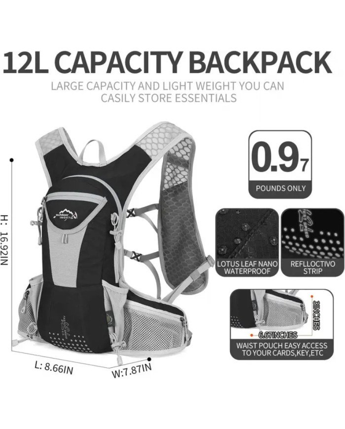 CHALECO DE HIDRATACION TRAIL RUNNING VEST 12L C/BOLSA DE AGUA 2L + 2 BOTELLAS FLEXIBLES DE 250ML INOXTO