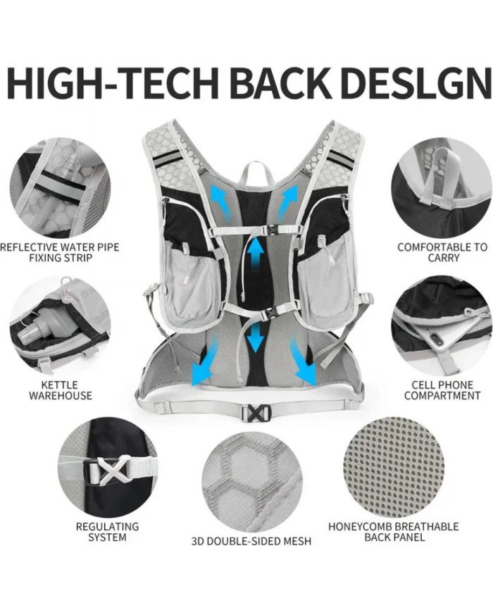 CHALECO DE HIDRATACION TRAIL RUNNING VEST 12L C/BOLSA DE AGUA 2L + 2 BOTELLAS FLEXIBLES DE 250ML INOXTO