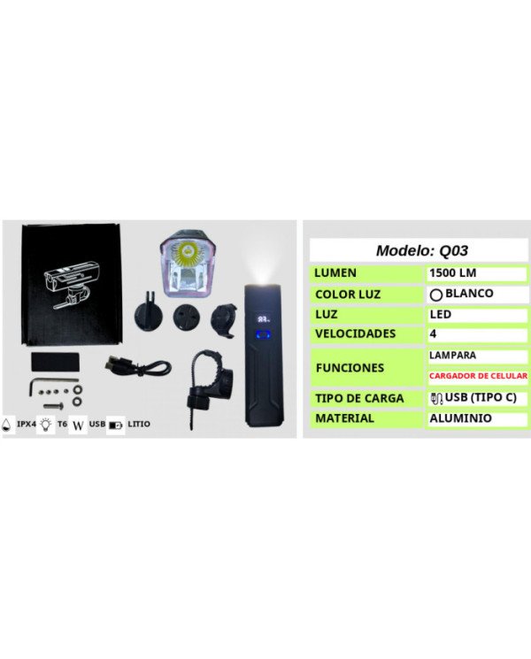 LUZ DELANTERA LINTERNA 1500LM  Q03